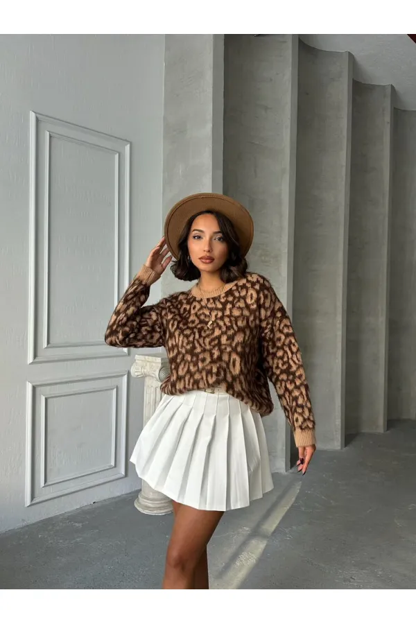 Leopar Triko Toptan Bluz  - Kahve | TOPSHOW | K-158