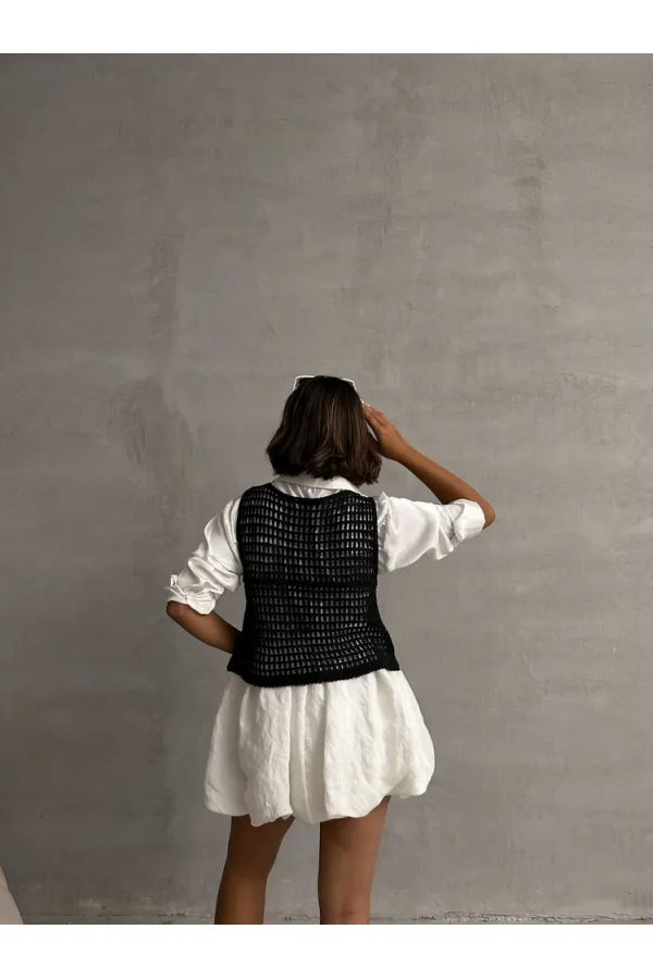 Topshow Siyah Düğmeli Dantelli Toptan Yelek