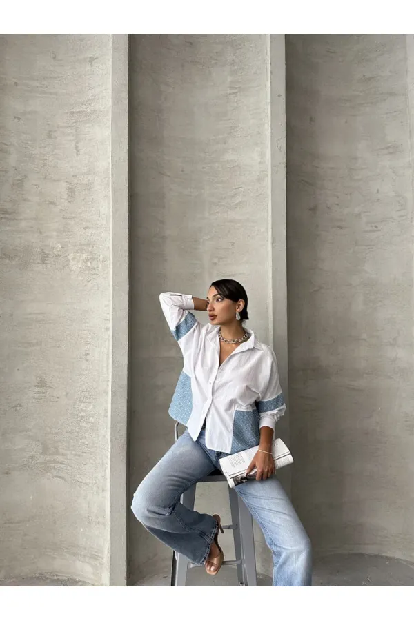 Sequined Denim Detailed Wholesale Shirt - Blue Dsn1 | TOPSHOW | F1725