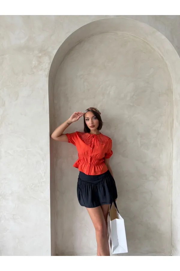 Gathered Shirt with Collar Detail - Orange | Topshow