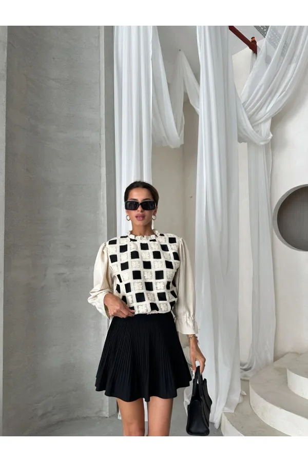 Topshow Stone Black Lace Detail Wholesale Blouse | F1693