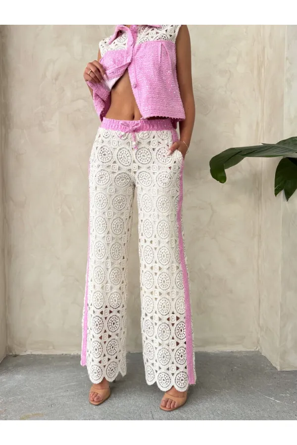 Kot Detaylı Dantel Pantolon - Pembe Topshow | F1759