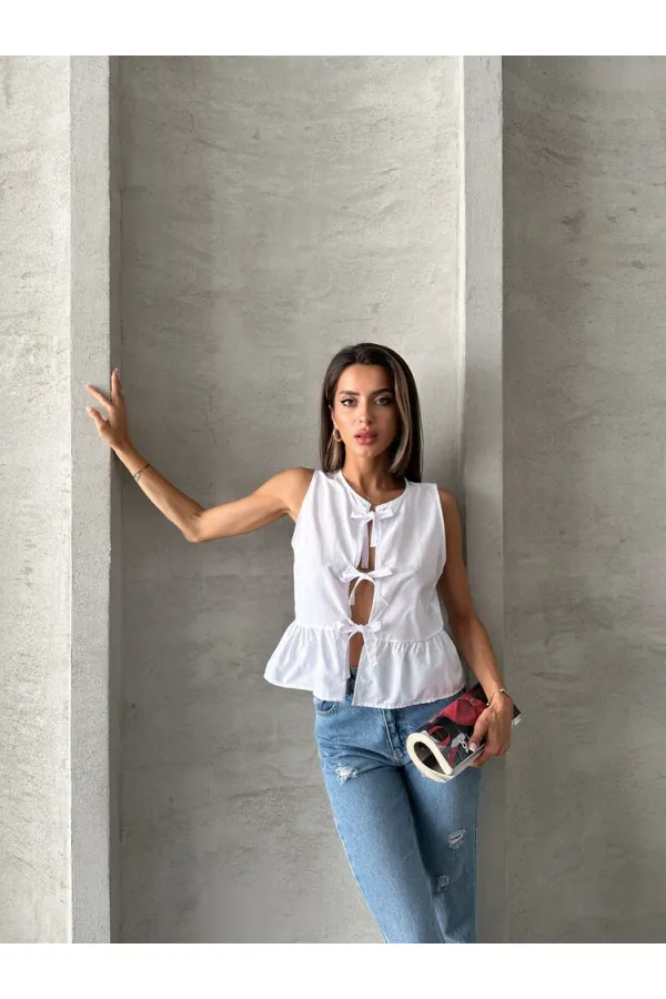 Topshow White Front Tie Wholesale Blouse