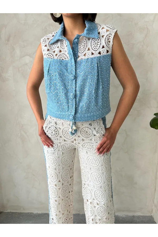 Dantel Detaylı Pullu Kot Ceket - Mavi Topshow