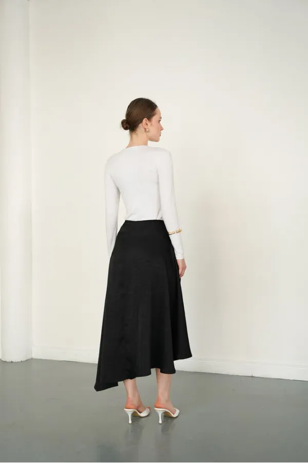 Dantel Detaylı Saten Toptan Etek - Siyah | D2976 - Topshow