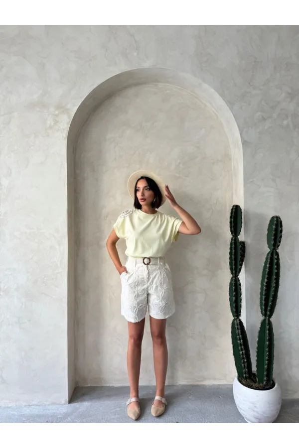 Omuzu Dantelli t-Shirt - Sarı - D2532 | Topshow