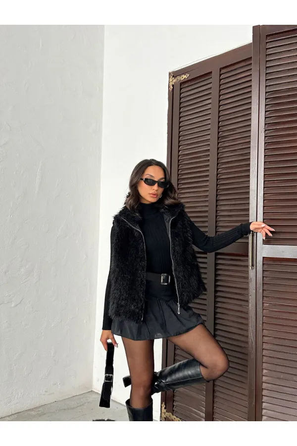Gilet en fausse fourrure pour femme Topshow (vente en gros) – Fermeture éclair, texture douce – Noir | F2046