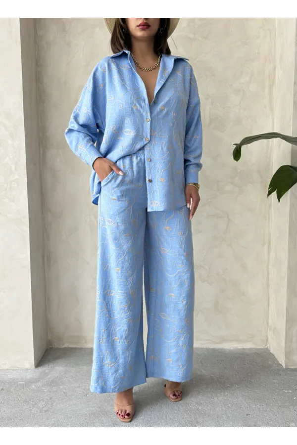 Nakışlı Toptan Pantolon - Açık Mavi | Topshow | F1900