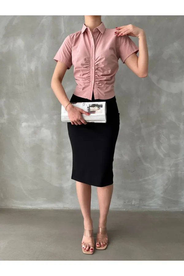 Topshow Powder Gipel Front Gathered Wholesale Blouse