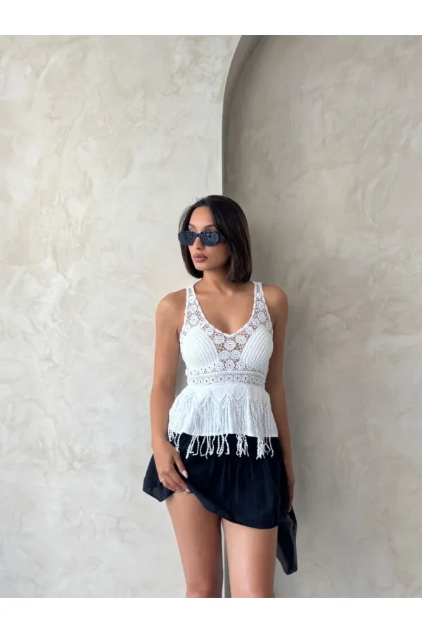 Güpür Detaylı Askılı Toptan Bluz   Krem | Topshow