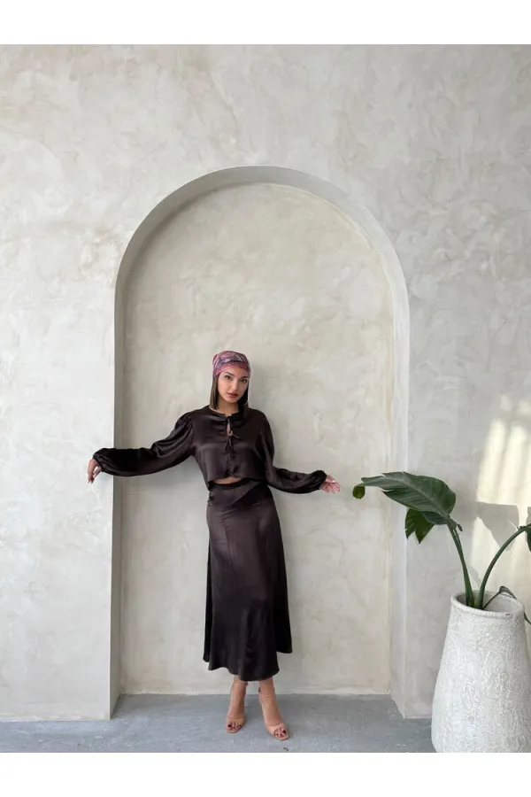 Kraşlı Saten Toptan Etek - Kahve | Topshow | F1915