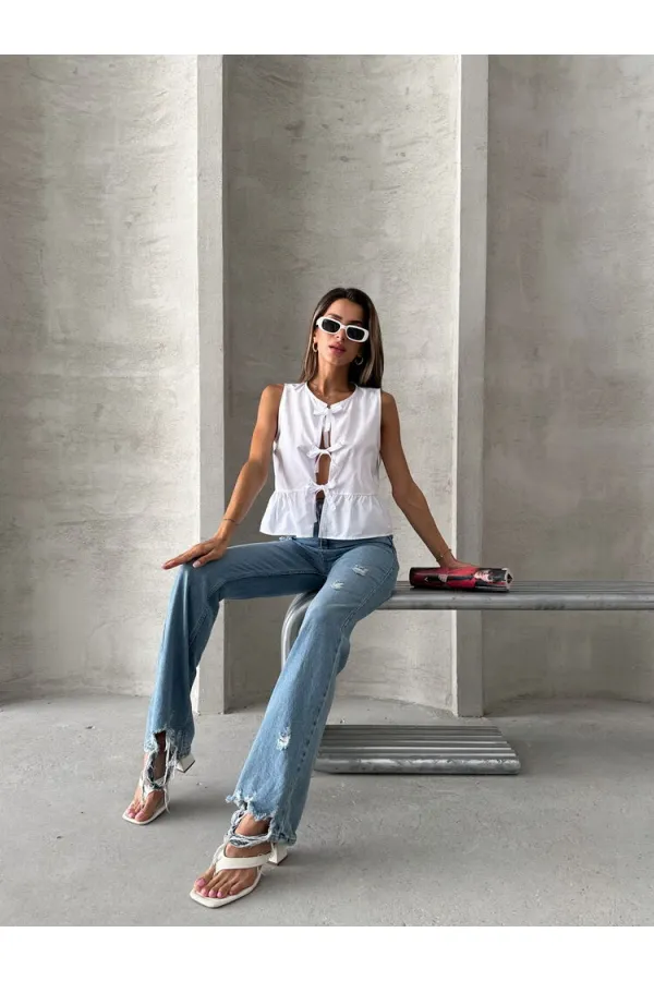 Topshow White Front Tie Wholesale Blouse