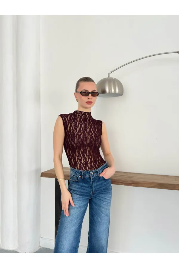 Sıfır Kol Dantel Bluz - Bordo | Topshow