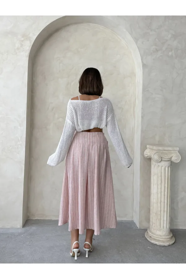 Çizgili Keten Etek - Koyu Pudra | Topshow | F1918