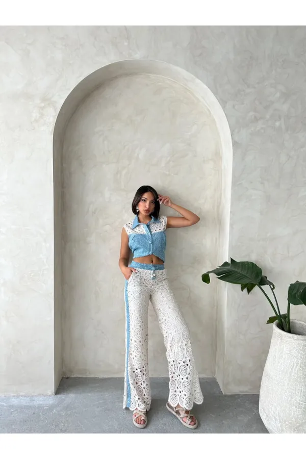 Dantel Detaylı Pullu Kot Ceket - Mavi Topshow