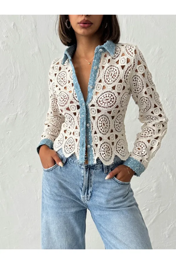 Dantel Detaylı İnci Düğmeli Uzun Kollu Kadın Toptan Gömlek-  Ham Mavi -Topshow | Topshow | F1945