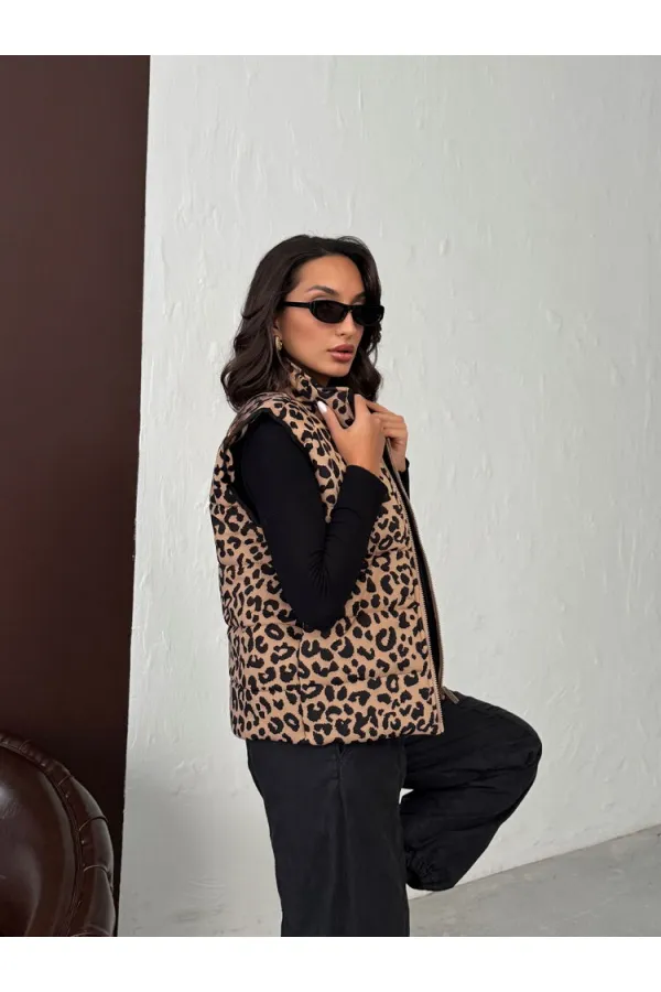 MINK BLACK F 1785 LEOPARD PRINT QUILTED VEST