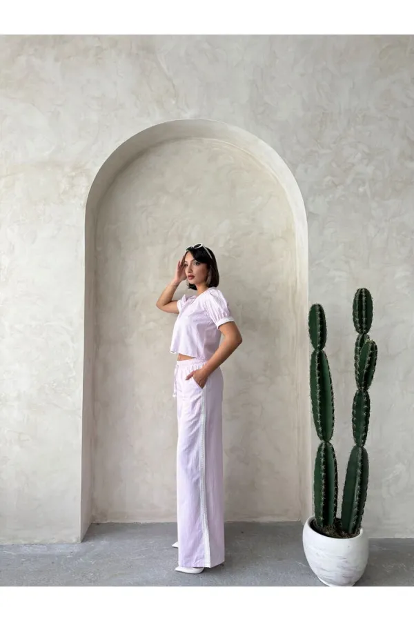 Güpür Detaylı Çizğili Pantolon - Pembe | Topshow