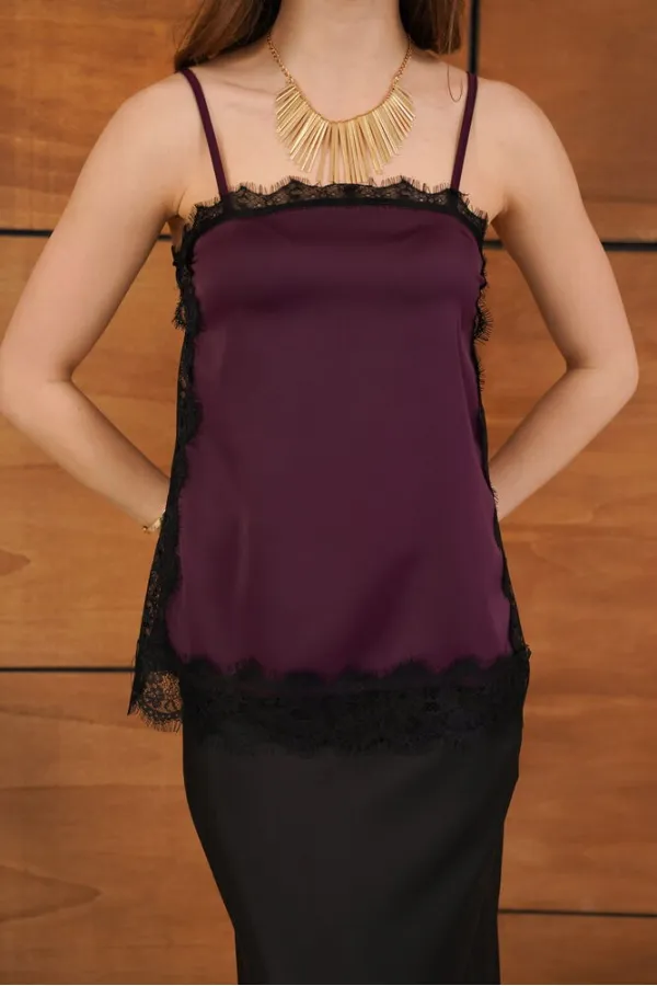D 2931 LACE DETAILED STRAPLESS SATIN TUNIC - BURGUNDY