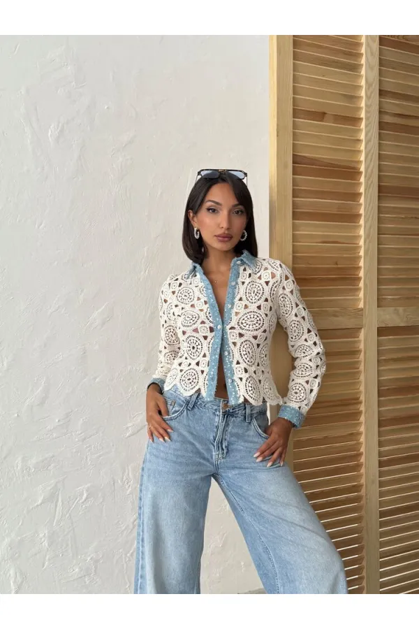 Dantel Detaylı İnci Düğmeli Uzun Kollu Kadın Toptan Gömlek-  Ham Mavi -Topshow | Topshow | F1945