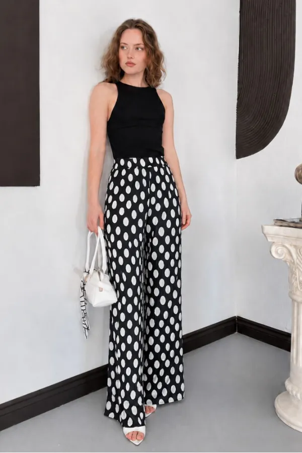D 3071 POLKA DOT PLEATED TROUSERS - BLACK