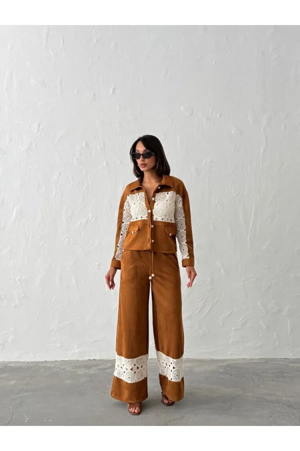 Dantel Detaylı Geniş Paça Kadın Pantolon - Taba | Topshow | F1958