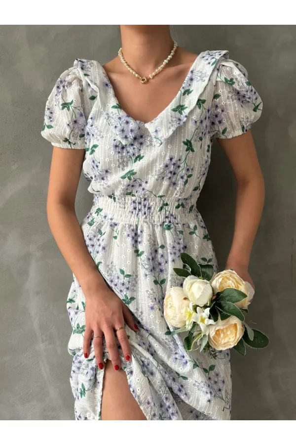 Topshow Purple Embroidery Detailed Patterned Wholesale Dress