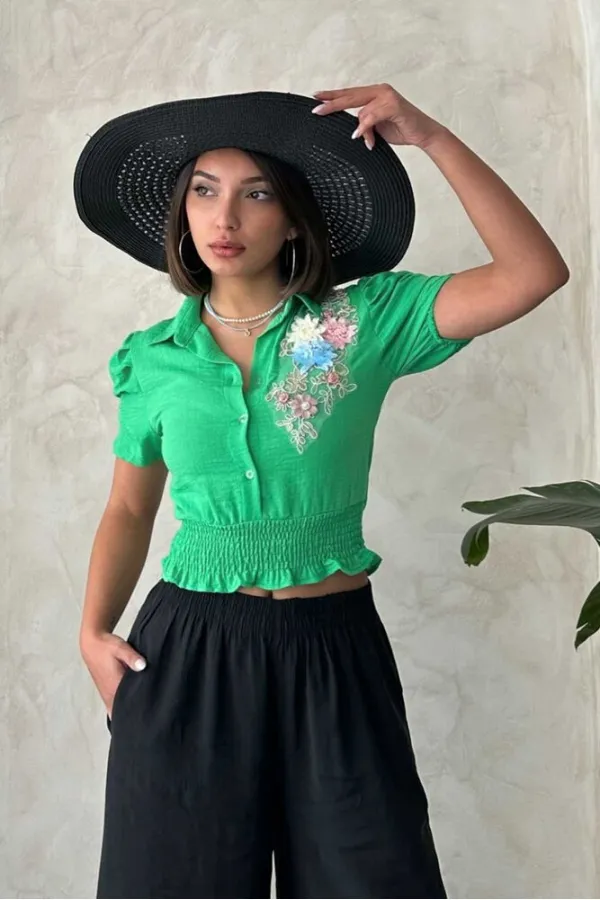 Chemise en lin à fleurs et poitrine de cacahuète Topshow en gros