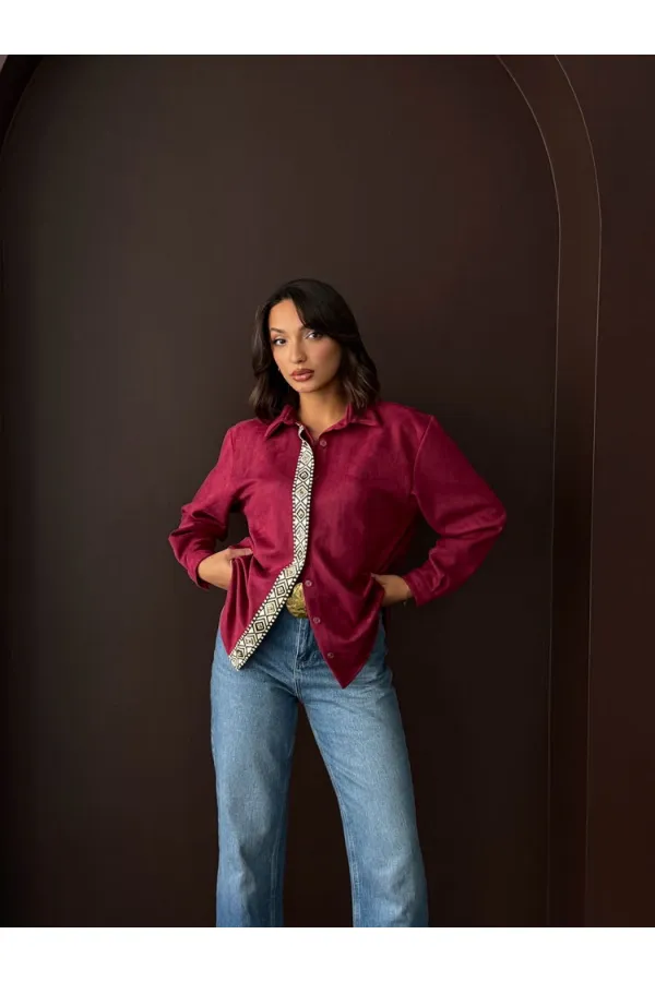 Topshow Şerit Detaylı Scuba Süet Toptan Gömlek - Mürdüm | F1973