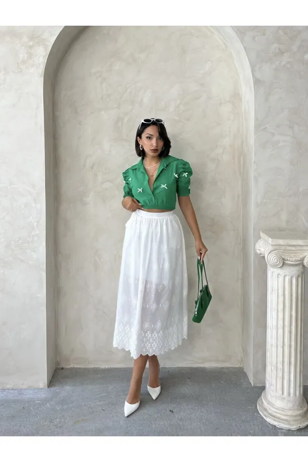 Kol Ucu Etek Gipeli Düğmeli Gömlek - Yeşil Topshow