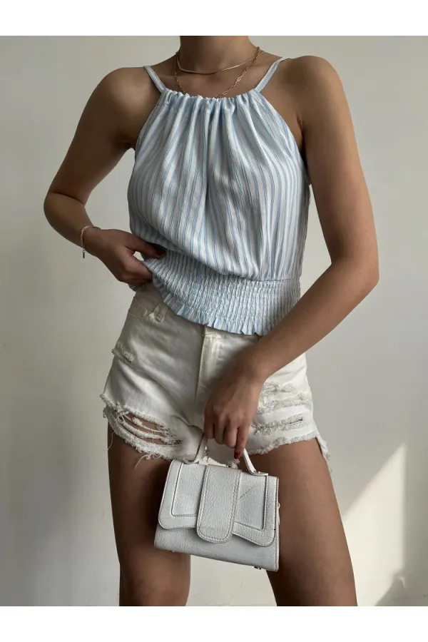 Topshow Blue Tied Neck Wholesale Blouse