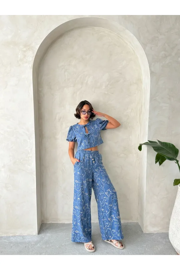 Embroidered Front Tie Wholesale Blouse - Dark Blue | Topshow