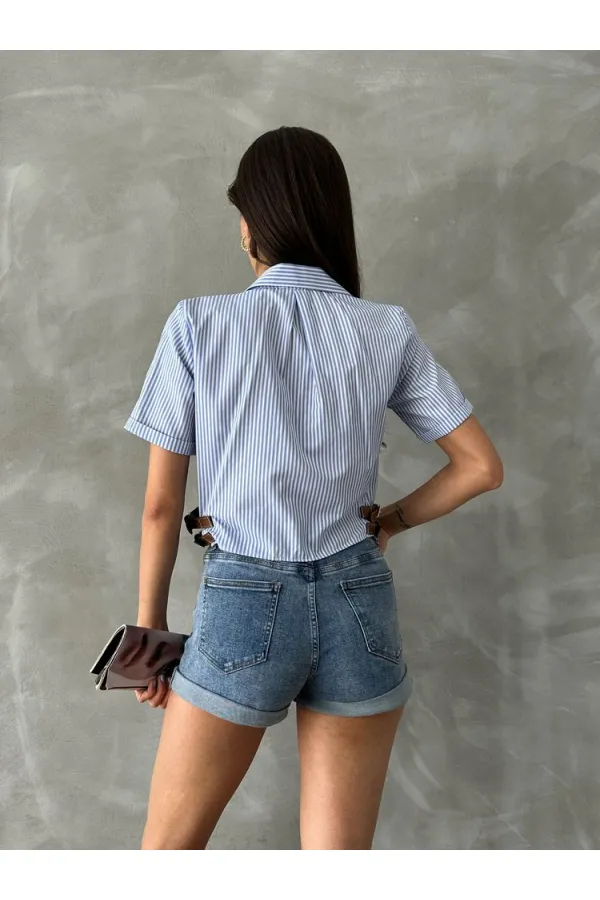Topshow Blue Striped Belt Detailed Striped Wholesale Shirt