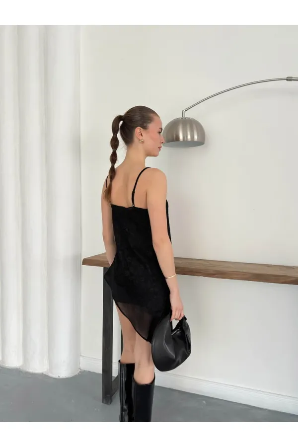 D 2935 Asymmetric Lace Strappy Blouse - Black