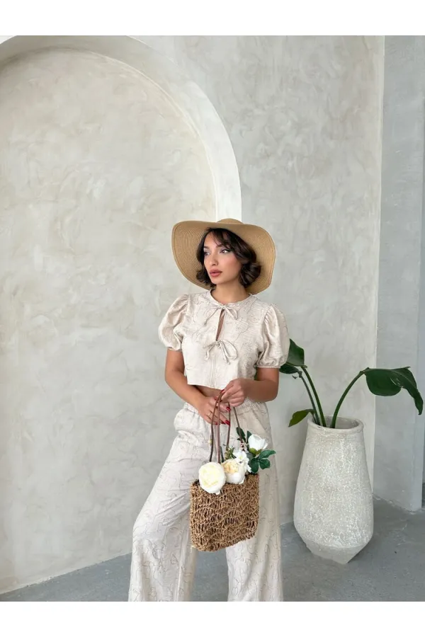 Embroidered Front Tie Wholesale Blouse - Stone | Topshow