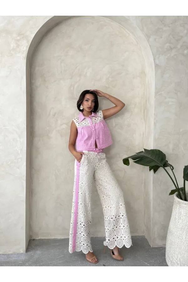 Kot Detaylı Dantel Pantolon - Pembe Topshow | F1759