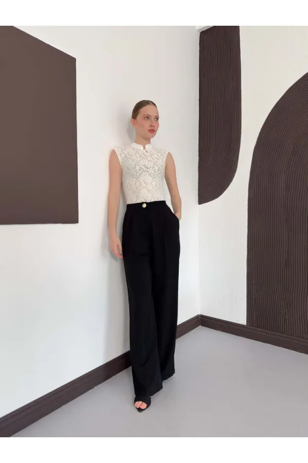 D 2997 KOLSUZ DANTEL BLUZ - KREM