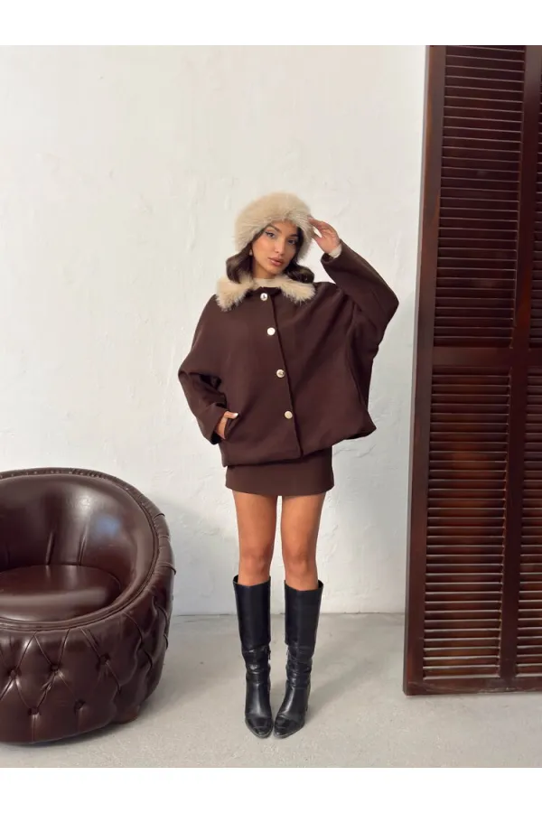 Topshow Peluş Yakalı Dügmeli Kaşe Mont - Kahve | F2048