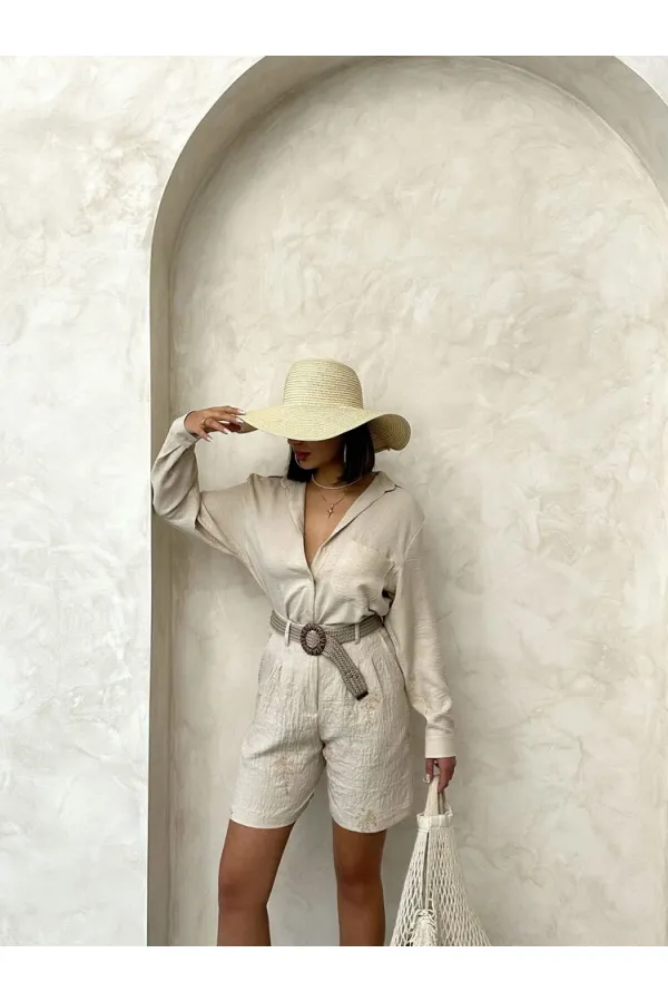 Kemer Detaylı Nakışlı Keten Şort - Taş | Topshow