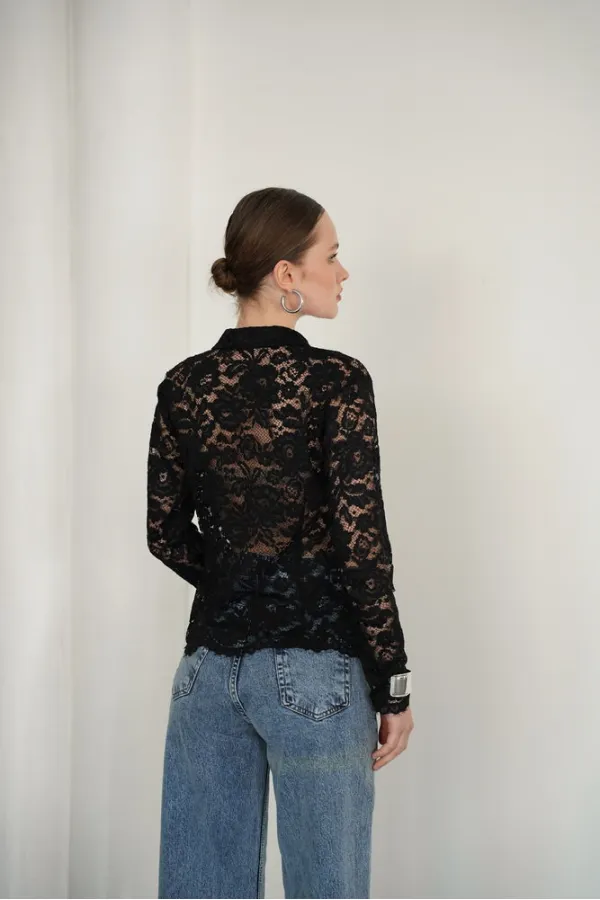 Chemises en dentelle brodée en gros - Noires | F2081 - Topshow