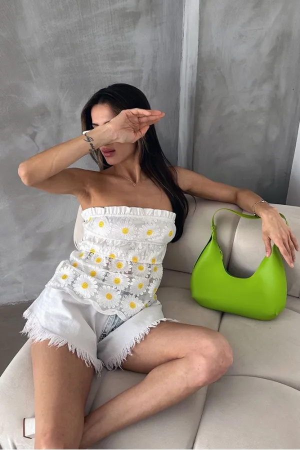 Daisy Patterned Wholesale Bustier - Cream | TOPSHOW