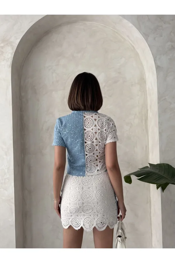 Denim Detailed Lace Short Skirt - Raw Topshow