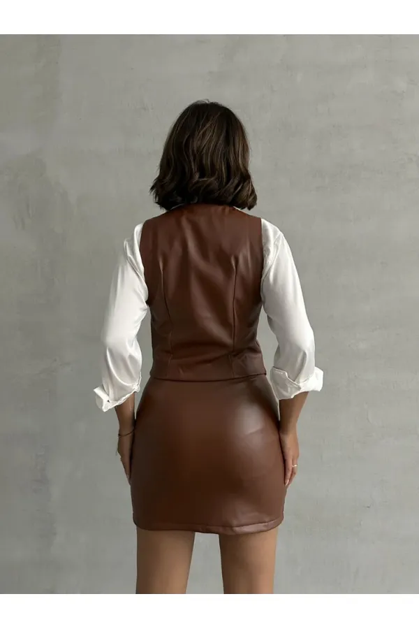 Düğmeli Deri Toptan Yelek - Taba | TOPSHOW | F1503