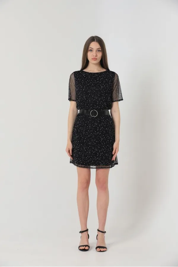 Robe Topshow noire et blanche à manches courtes et ceinture, vendue en gros