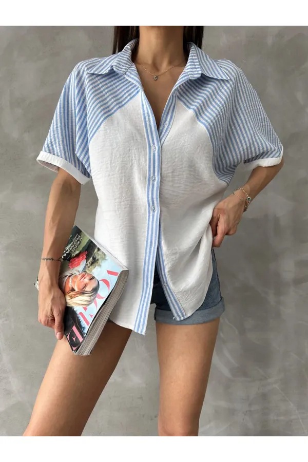Topshow Blue Stripe Detailed Low Sleeve Wholesale Shirt