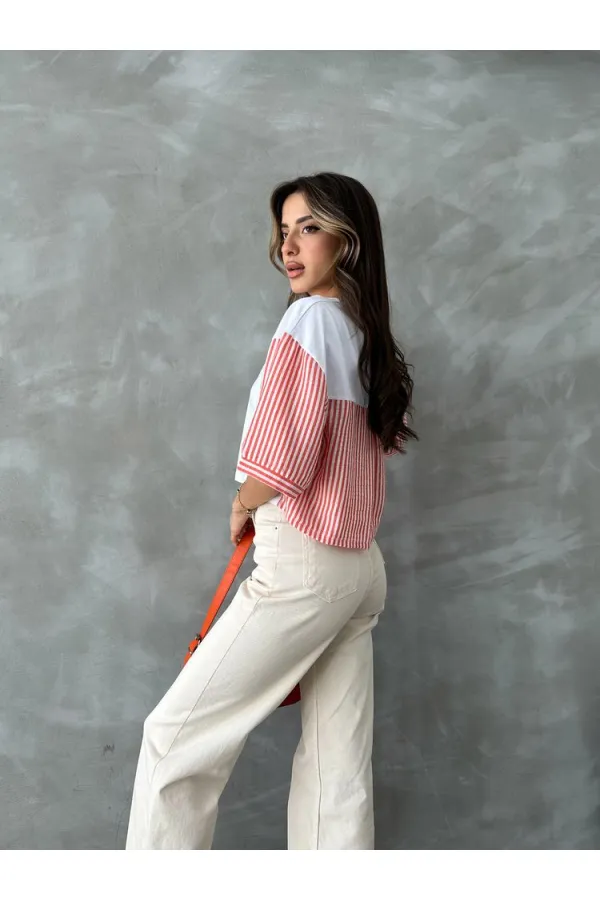 T-shirt Topshow à rayures orange en popeline à manches en gros