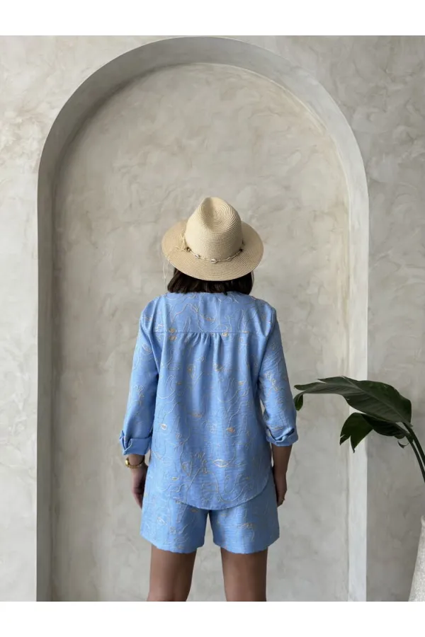 Nakışlı Toptan Şort - Açık Mavi | Topshow