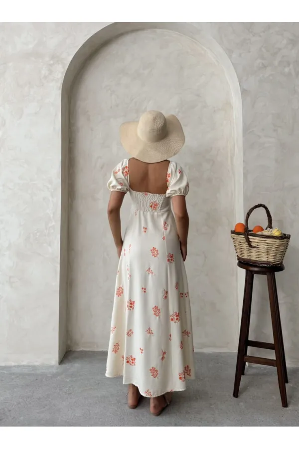 Nakışlı Keten Toptan Elbise - Oranj | Topshow