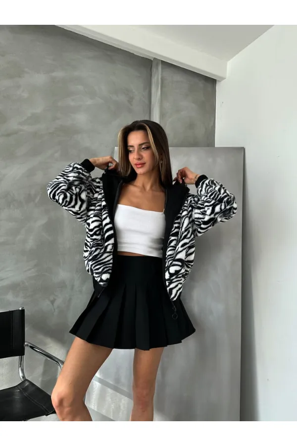 Bakılı Peluj Toptan Mont - Siyah Zebra | TOPSHOW | F1650