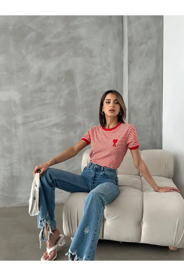 Topshow Oranj Kırmızı Nakışlı Çizgili Toptan Tişört